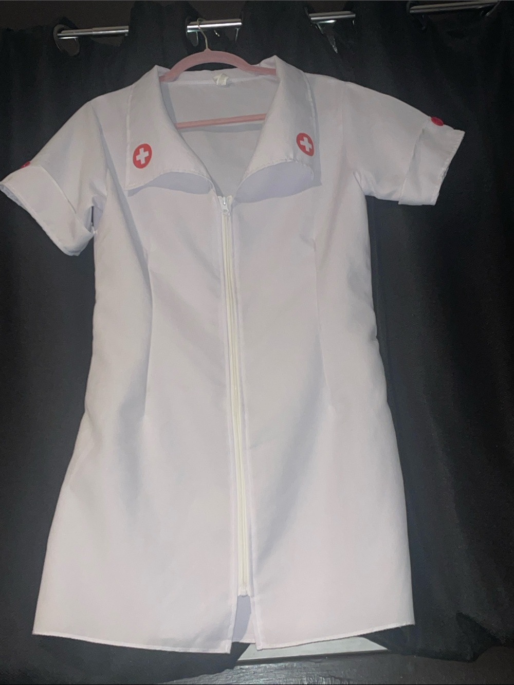White Short-Sleeve Zip  Dress with Red Cross Accents